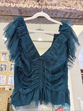 Maeve by Anthropologie Teal Blue Ruffle Mesh Top – Size XS